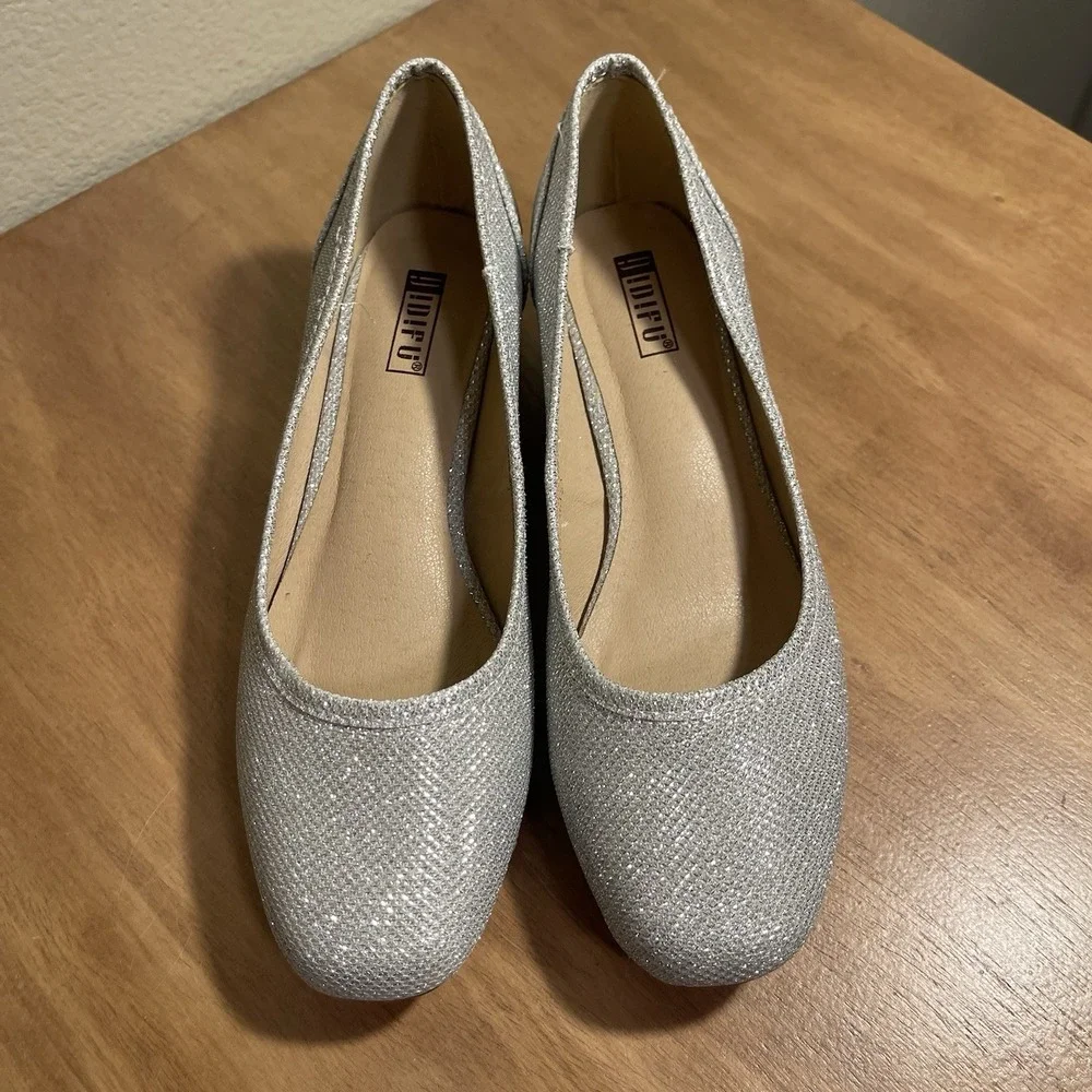 NEW IDIFU Chunky Block Heel Silver Glitter Pumps Glam Event Disco RO2LISA Sz 7.5
